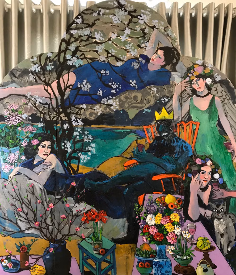 "Lạc giữa mùa xuân 03", kích thước 220x190cm, chất liệu sơn dầu. "Lạc giữa mùa xuân 03", kích thước 220x190cm, chất liệu sơn dầu.