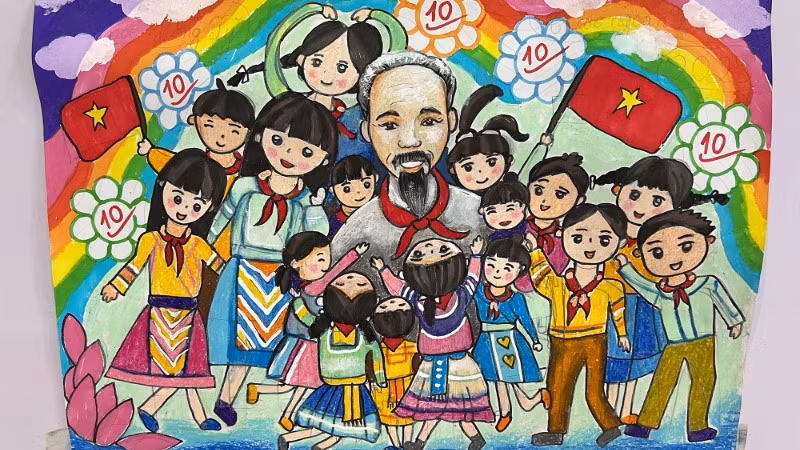 "Bác Hồ với thiếu nhi vùng cao", tranh của em Lầu Thị Thúy Liên, lớp 4A trường Tiểu học Hồng Sỹ.