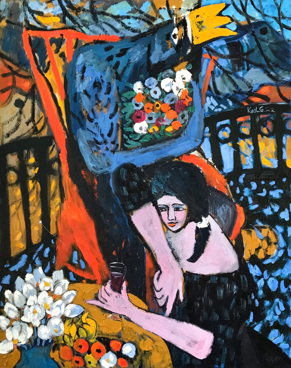 "Đêm trên ban công", kích thước 120x150cm, chất liệu sơn dầu trên toan. "Đêm trên ban công", kích thước 120x150cm, chất liệu sơn dầu trên toan.