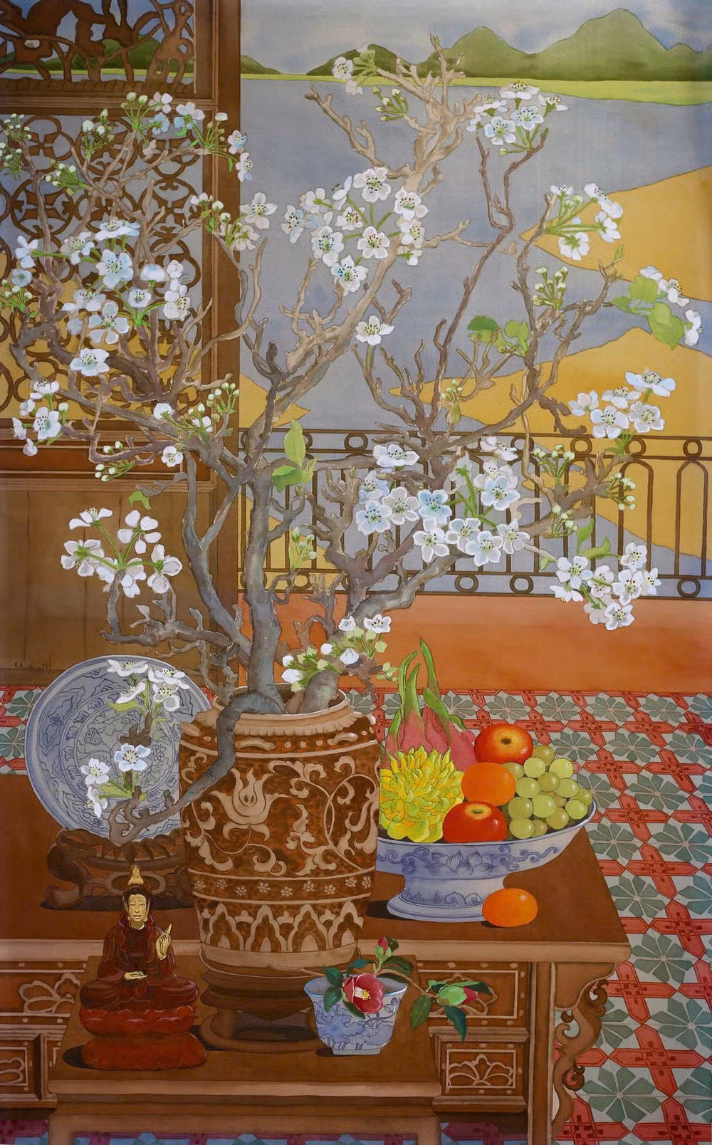 "Sắc thái Xuân 01" - một trong 5 tác phẩm trong Bộ tranh "Sắc thái Xuân, mầu nước trên lụa, kích thước 100x60cm.