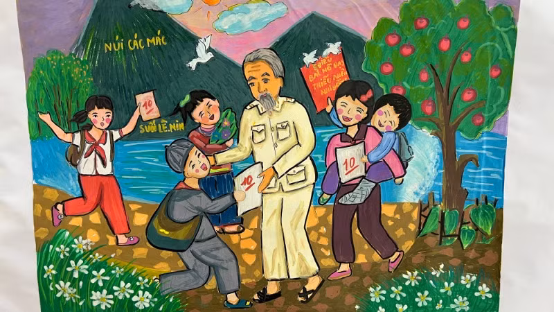 "Hoa thơm dâng Bác", tranh của em Triệu Khôi Nguyên, lớp 5B trường Tiểu học Nà Giàng.