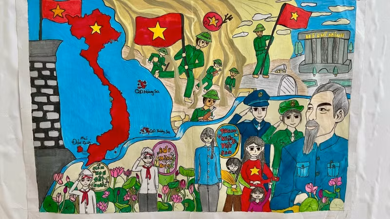 "Chúng cháu thực hiện tốt lời Bác dạy", tranh của em Hoàng Gia Hân, lớp 4C trường Tiểu học Nà Giàng.