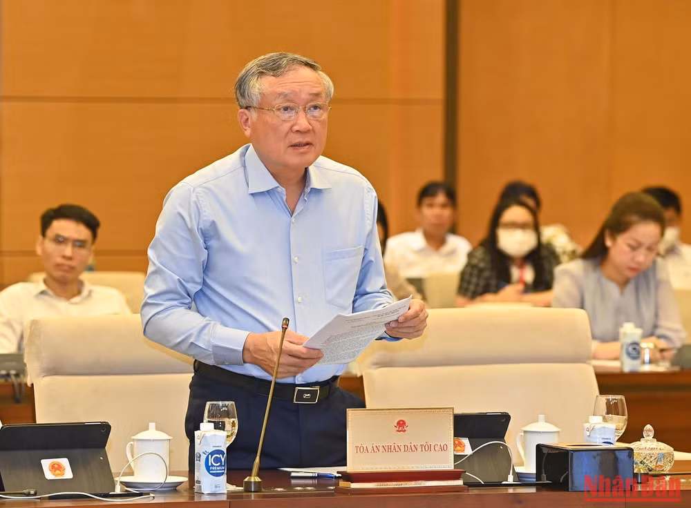Chánh án Tòa án nhân dân tối cao Nguyễn Hòa Bình phát biểu ý kiến tại phiên họp.