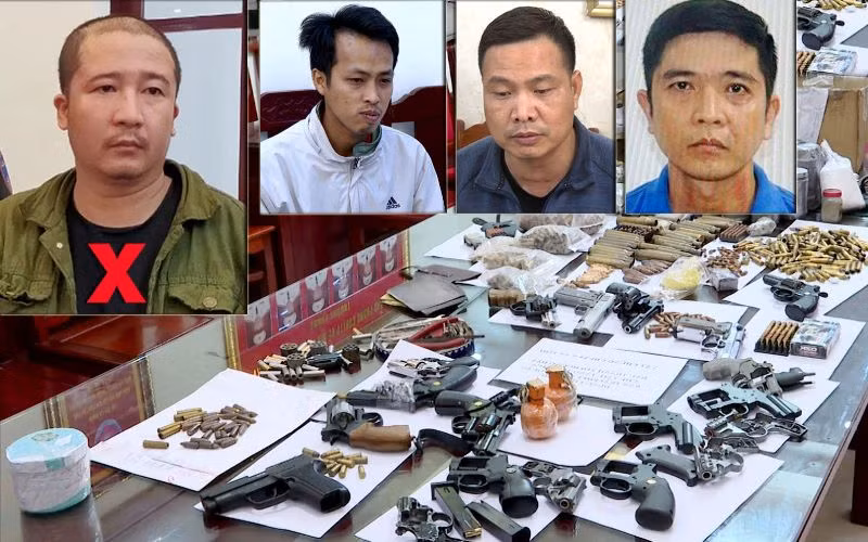 Nguyễn Trần Du (x) và đồng phạm cùng tang vật vụ án.