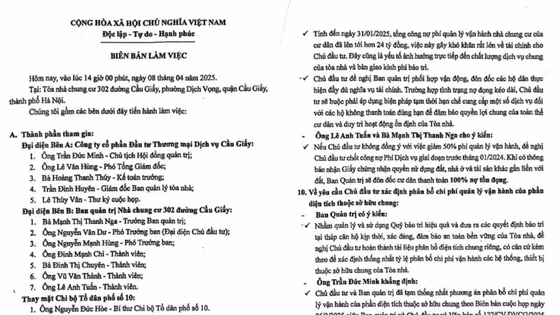 Biên bản buổi làm việc ngày 8/4/2025 giữa đầu tư và cư dân.