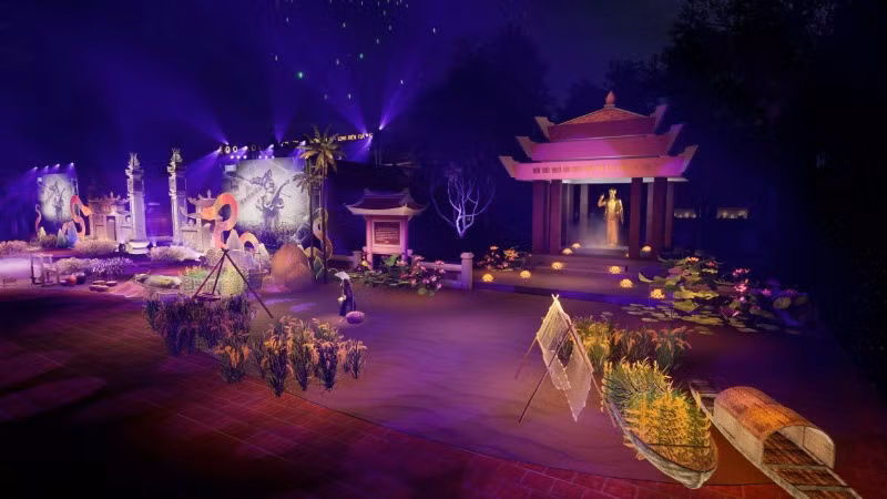 Chương trình được thể hiện theo hình thức bán thực cảnh kết hợp công nghệ 3D mapping. (Ảnh phối cảnh sân khấu)