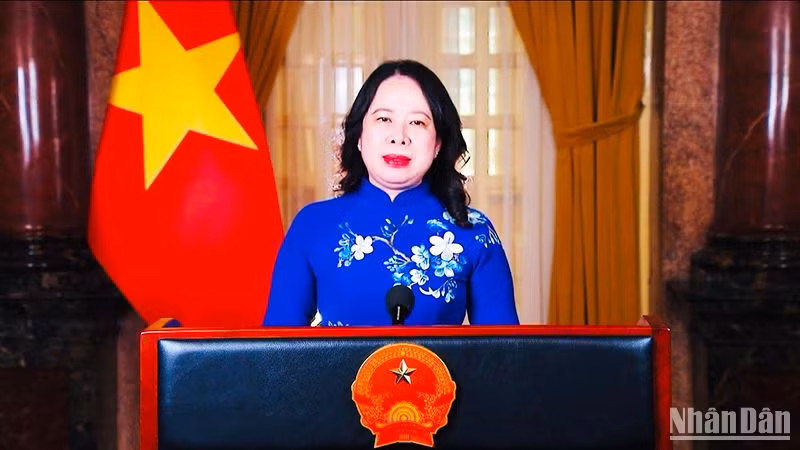 Phó Chủ tịch nước Võ Thị Ánh Xuân phát biểu ghi hình tại phiên họp toàn thể của Diễn đàn. (Ảnh chụp màn hình)