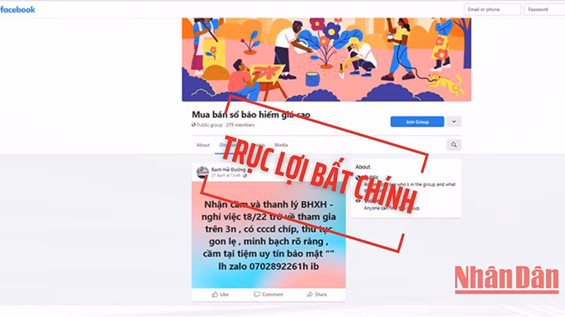 Thông tin của một nhóm mua, bán, cầm cố sổ bảo hiểm xã hội trên Facebook. (Đồ họa: Phương Nam)