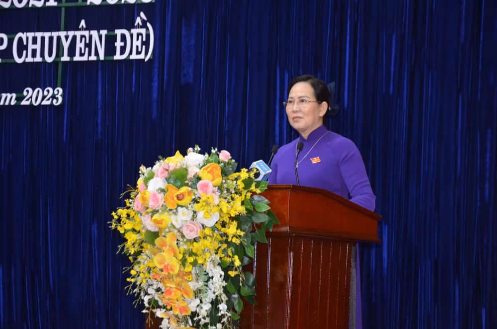 Đồng chí Lê Thị Thủy, Ủy viên Trung ương Đảng, Bí thư Tỉnh ủy, Chủ tịch Hội đồng nhân dân tỉnh Hà Nam phát biểu bế mạc kỳ họp.