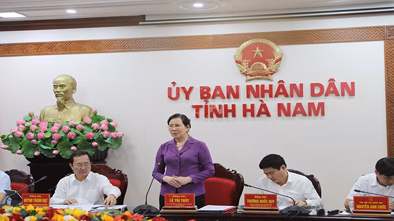 Đồng chí Lê Thị Thủy, Ủy viên Trung ương Đảng, Bí thư Tỉnh ủy Hà Nam phát biểu ý kiến tại buổi làm việc.