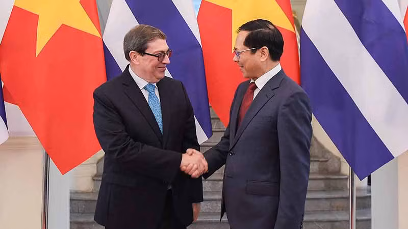 Phó Thủ tướng, Bộ trưởng Ngoại giao Bùi Thanh Sơn và Ủy viên Bộ Chính trị Đảng Cộng sản Cuba, Bộ trưởng Ngoại giao nước Cộng hòa Cuba Bruno Rodríguez Parrilla. (Ảnh: Bộ Ngoại giao Việt Nam)