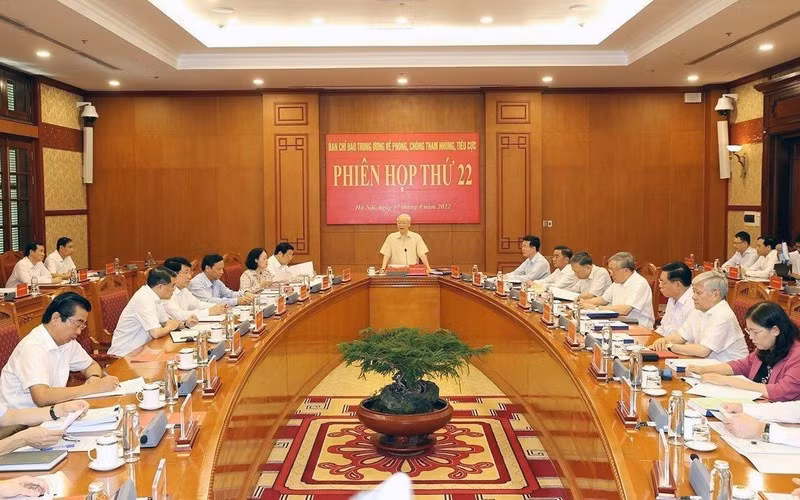 Tổng Bí thư Nguyễn Phú Trọng phát biểu chỉ đạo phiên họp thứ 22 của Ban Chỉ đạo Trung ương về phòng, chống tham nhũng, tiêu cực. (Ảnh TTXVN)
