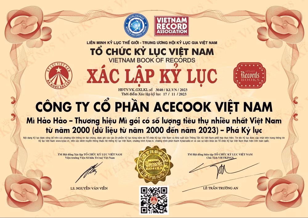 Ảnh: Chứng nhận của tổ chức Kỷ lục Việt Nam cho mì Hảo Hảo tháng 11/2023. Ảnh: Chứng nhận của tổ chức Kỷ lục Việt Nam cho mì Hảo Hảo tháng 11/2023.