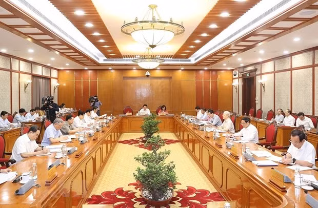 Tổng Bí thư Nguyễn Phú Trọng chủ trì cuộc họp Bộ Chính trị, Ban Bí thư, ngày 21/7. (Ảnh: TTXVN)