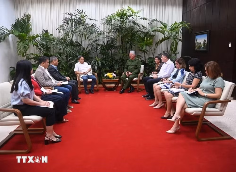 Chủ tịch Cuba Miguel Díaz-Canel tiếp ông Trần Thanh Tú, Chủ tịch sáng lập Công ty cổ phần đầu tư và thương mại Thái Bình tại La Habana. (Ảnh: TTXVN)