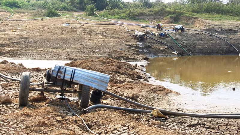 Hàng chục đầu máy bơm xếp hàng chờ nước tưới.