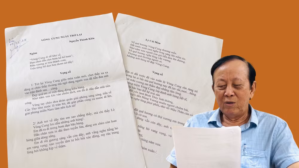 Chủ tịch Liên hiệp Hội Văn học Nghệ thuật thành phố Cần Thơ Nguyễn Thành Kiên bên bài ca cổ "Vòng Cung ngày trở lại". Chủ tịch Liên hiệp Hội Văn học Nghệ thuật thành phố Cần Thơ Nguyễn Thành Kiên bên bài ca cổ "Vòng Cung ngày trở lại".