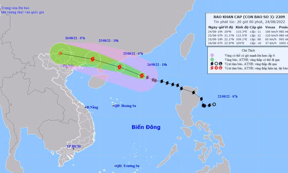 Vị trí và hướng di chuyển của bão số 3. (Nguồn: nchmf.gov.vn)