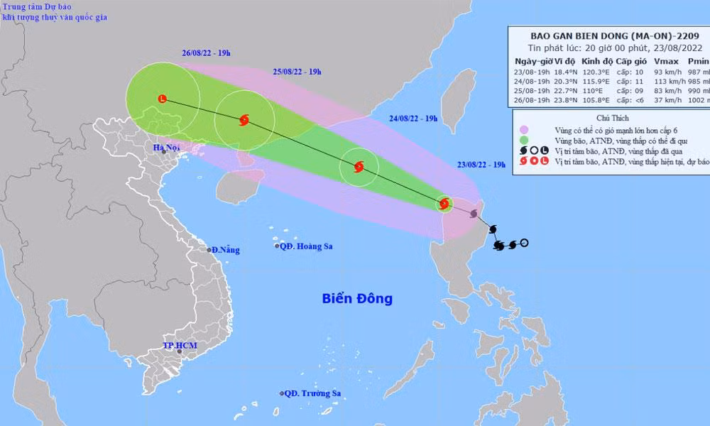 Vị trí và hướng di chuyển của bão Ma-on. (Nguồn: nchmf.gov.vn)