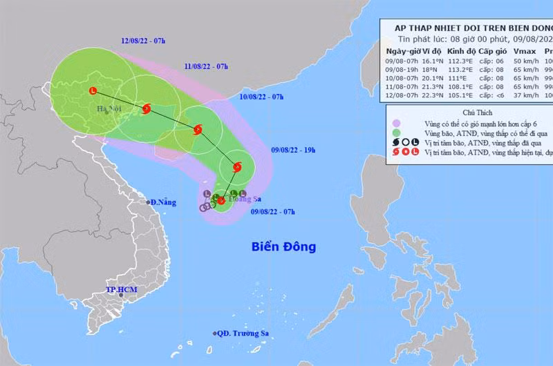 Vị trí và hướng di chuyển của áp thấp nhiệt đới. (Nguồn: nchmf.gov.vn)