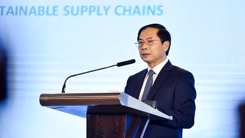 Bộ trưởng Ngoại giao Bùi Thanh Sơn phát biểu tại sự kiện. Bộ trưởng Ngoại giao Bùi Thanh Sơn phát biểu tại sự kiện.
