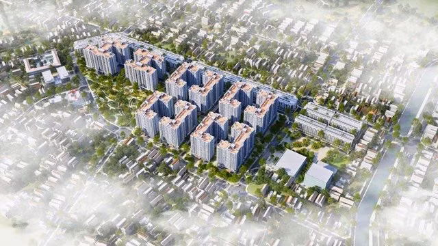 Phối cảnh khu nhà ở xã hội tại Tổng kho 3 Lạc Viên đang được xây dựng.