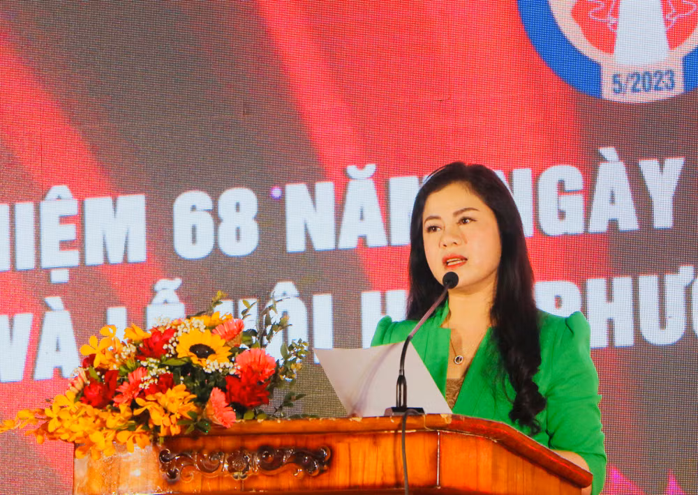 Giám đốc Sở Văn hóa và Thể thao Hải Phòng Trần Thị Hoàng Mai phát biểu khai mạc Liên hoan múa rối Hải Phòng mở rộng 2023.