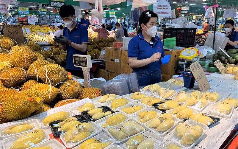 Sầu riêng được bày bán tại một chợ đầu mối ở Bắc Kinh. (Ảnh: PHƯƠNG THẢO) Sầu riêng được bày bán tại một chợ đầu mối ở Bắc Kinh. (Ảnh: PHƯƠNG THẢO)