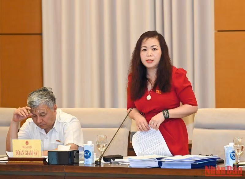 Phó Chủ nhiệm Ủy ban Tài chính, Ngân sách Vũ Thị Lưu Mai, thành viên đoàn giám sát phát biểu tại buổi làm việc.