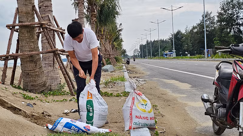 Người dân Thanh Hóa đóng cát vào bao bì, phòng chống bão số 3.