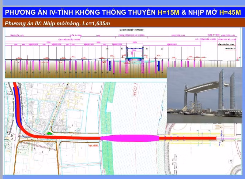 Theo phương án được đồng tình, cầu Thủ Thiêm 4 có thiết kế tĩnh không thông thuyền đến 45m.