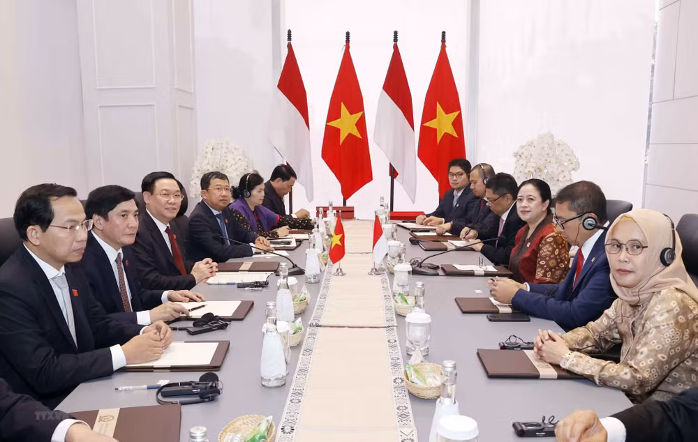 Chủ tịch Quốc hội Vương Đình Huệ hội đàm với Chủ tịch Hạ viện Indonesia Puan Maharani. (Ảnh: TTXVN) Chủ tịch Quốc hội Vương Đình Huệ hội đàm với Chủ tịch Hạ viện Indonesia Puan Maharani. (Ảnh: TTXVN)