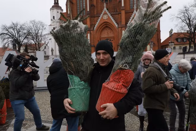 Người dân mua cây thông Noel tại Bialystok, Ba Lan. (Nguồn: PAP/TTXVN)