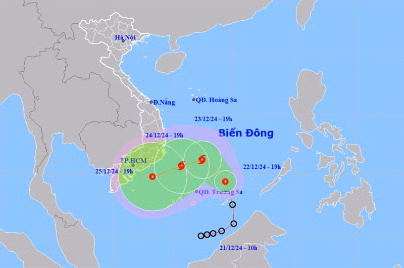 Vị trí và hướng di chuyển của áp thấp nhiệt đới. (Nguồn: nchmf.gov.vn)
