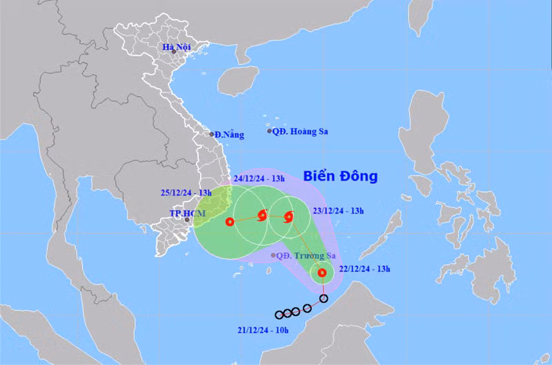 Vị trí và hướng di chuyển của áp thấp nhiệt đới. (Nguồn: nchmf.gov.vn)