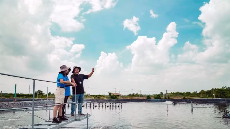 Các chuyên gia thủy sản trao đổi kinh nghiệm tại trang trại nghiên cứu tôm, huyện Cần Giờ, TP Hồ Chí Minh. (Ảnh: THỤC KHUÊ)