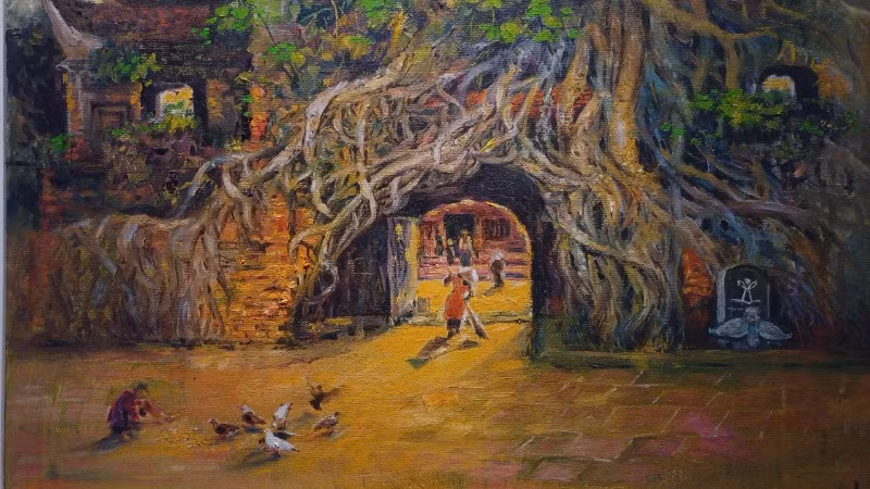 Một góc của bức tranh phong cảnh cho thấy họa sĩ thể hiện rất tỉ mỉ, chi tiết. Một góc của bức tranh phong cảnh cho thấy họa sĩ thể hiện rất tỉ mỉ, chi tiết.