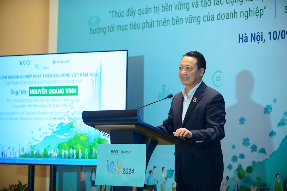 Ông Nguyễn Quang Vinh, Phó Chủ tịch Liên đoàn Thương mại và Công nghiệp Việt Nam, Chủ tịch Hội đồng Doanh nghiệp vì sự phát triển bền vững Việt Nam. Ông Nguyễn Quang Vinh, Phó Chủ tịch Liên đoàn Thương mại và Công nghiệp Việt Nam, Chủ tịch Hội đồng Doanh nghiệp vì sự phát triển bền vững Việt Nam.