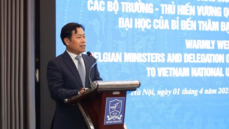 Giám đốc Đại học Quốc gia Hà Nội Lê Quân phát biểu ý kiến tại hội thảo. 