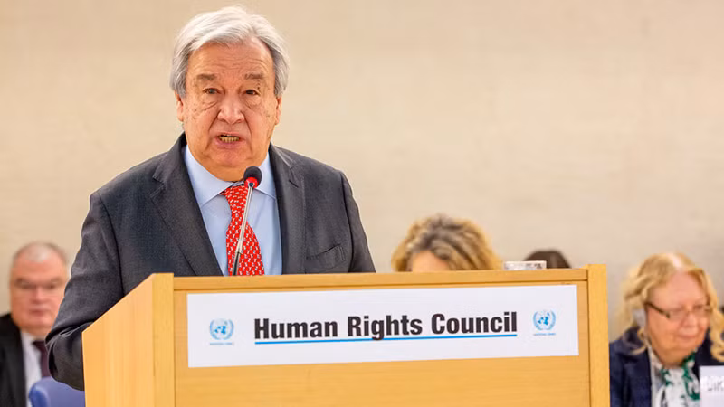 Tổng Thư ký António Guterres phát biểu tại Phiên họp thứ 55 của Hội đồng Nhân quyền Liên hợp quốc ở Geneva, Thụy Sĩ. Ảnh: un.org