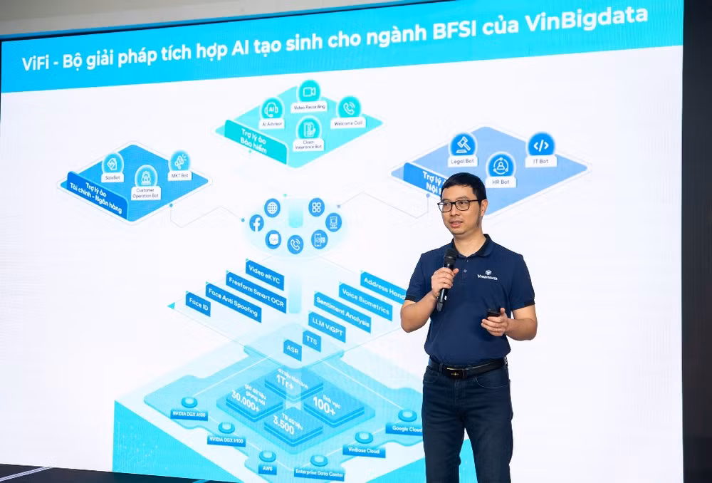 TS Đào Đức Minh, CEO VinBigdata công bố ra mắt bộ giải pháp ViFi tích hợp AI tạo sinh cho ngành BFSI.