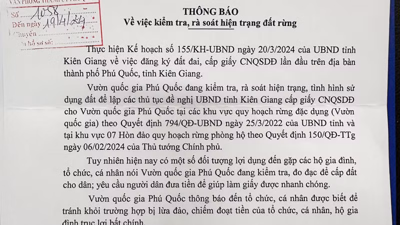 Thông báo của Vườn quốc gia Phú Quốc. Thông báo của Vườn quốc gia Phú Quốc.