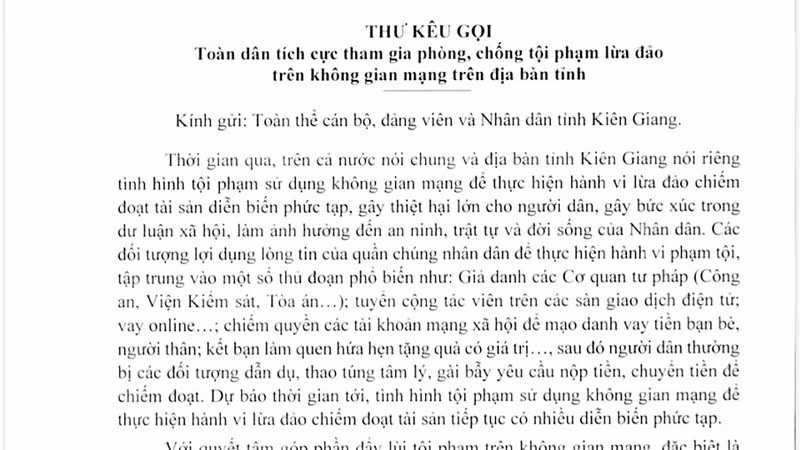 Một đoạn thư kêu gọi của Chủ tịch Ủy ban nhân dân tỉnh Kiên Giang.