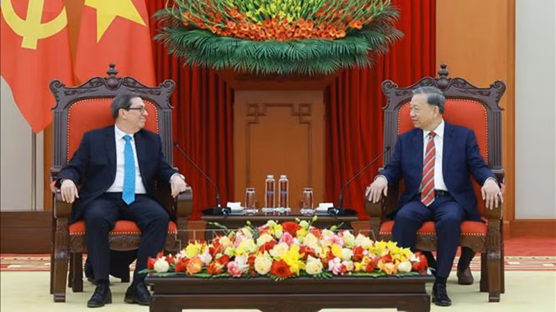 Tổng Bí thư Tô Lâm tiếp Bộ trưởng Ngoại giao Cuba Bruno Rodríguez Parrilla. (Ảnh: Thống Nhất/TTXVN)
