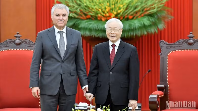 Tổng Bí thư Nguyễn Phú Trọng tiếp Chủ tịch Duma Quốc gia Nga Vyacheslav Viktorovich Volodin. (Ảnh: Đăng Khoa)