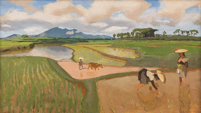 Tác phẩm "Rặng Ba Vì nhìn từ ruộng Sơn Tây", tranh sơn dầu của Joseph Inguimberty.