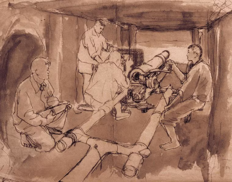 Những người lính pháo binh đang điều khiển khẩu pháo 105 li trong hầm pháo, năm 1954. Những người lính pháo binh đang điều khiển khẩu pháo 105 li trong hầm pháo, năm 1954.
