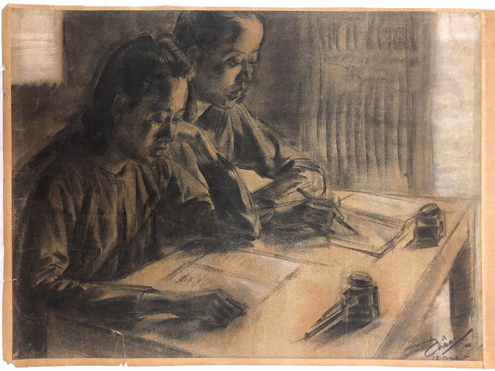 "Lớp Trung học đầu tiên" - Diệp Minh Châu (1948). (Ảnh: Bảo tàng Mỹ thuật Việt Nam) "Lớp Trung học đầu tiên" - Diệp Minh Châu (1948). (Ảnh: Bảo tàng Mỹ thuật Việt Nam)