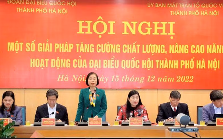 Phó Trưởng Đoàn chuyên trách Đoàn đại biểu Quốc hội thành phố Hà Nội, Phạm Thị Thanh Mai phát biểu tại Hội nghị.