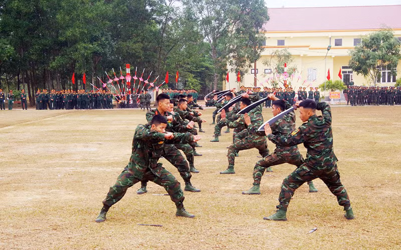 Chiến sĩ Trung đoàn 95, Sư đoàn 325 biểu diễn võ thuật tại Lễ ra quân huấn luyện năm 2023. 